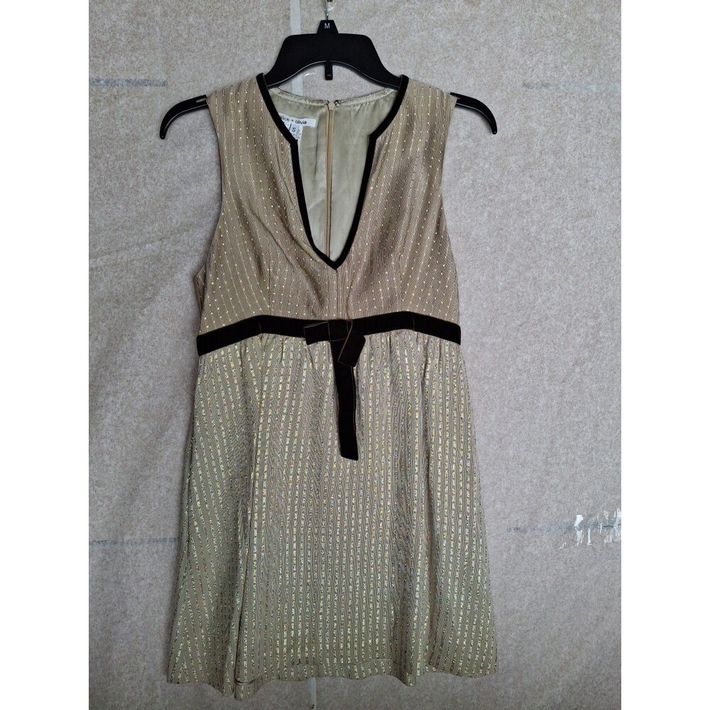 ALICE + OLIVIA Beige Gold Patterned Deep Notch Sleeveless Mini Dress Size S